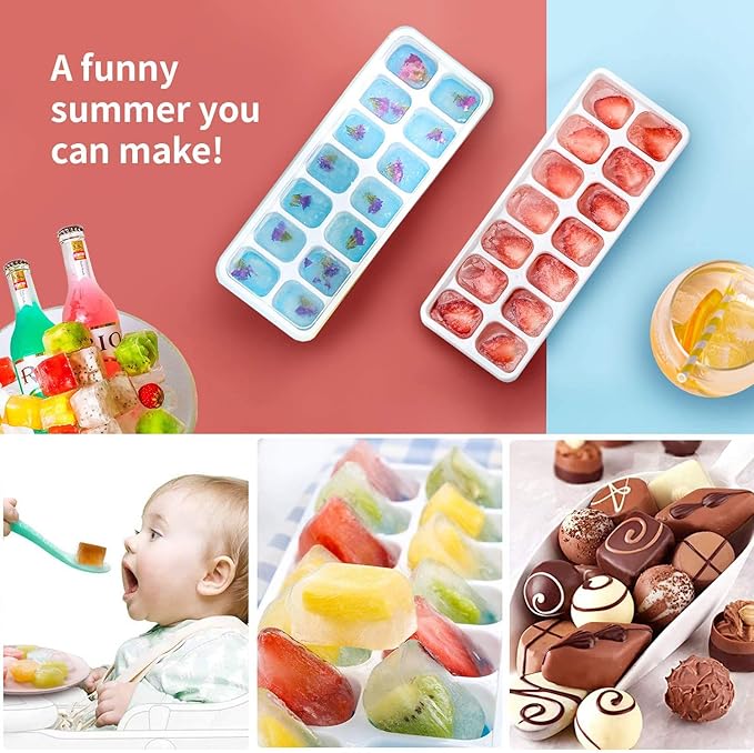 Ice Cube Trays 4 Pack, Airabc Silicone with Removable Lid, Easy-Release Flexible 14-cube Trays, LFGB Certified and BPA Free, Stackable Covers for Cocktail, Freezer - Image 2