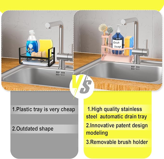 Fssvcd Maifan Sink Caddy Sponge Holder for Kitchen with Brush Holder and Stainless Steel Self Drain Tray, Rustproof Kitchen Sink Organizer for Sponge, Soap Dispenser Storage Accessories Pinky White - Image 4
