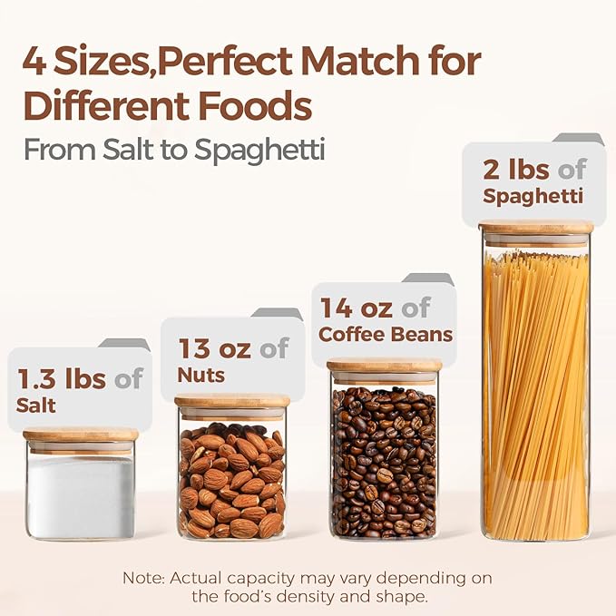 ComSaf Food Storage Containers with Airtight Lids Set of 6, Clear Glass Canister Food Jar with Sealing Lid Kitchen Pantry Storage Container for Spaghetti Pasta Sugar Flour Oat Cereal Beans, Square - Image 3