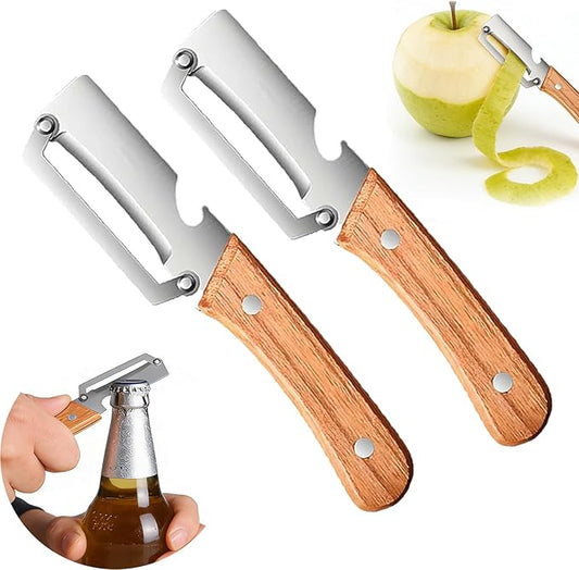 Multi-Functional Vegetable Peeler for Kitchen, Zero Snag Wooden Kitchen Tool, Thickened Wooden Handle Fruit Peeler with Woodens Handle and Bottle Opener, Kitchen Tool for Vegetables or Fruits (2 PCS)