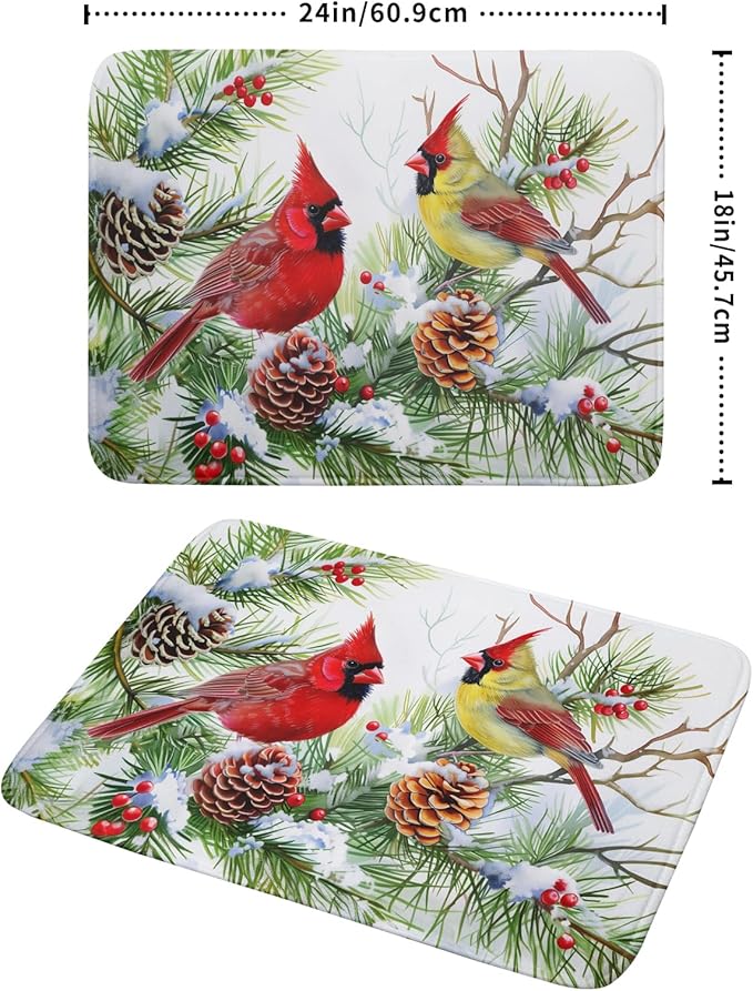 Giwawa Red Birds Dish Drying Mat, Xmas Tree Branch Holly Red Berries Dish Drainer Mats, Winter Snow Pine Cones Reversible Dish Drying Rack Pad Protector for Kitchen Countertop Decor, 18"x24"