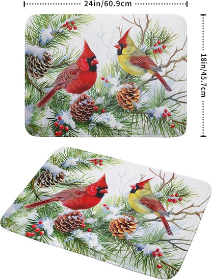 Giwawa Red Birds Dish Drying Mat, Xmas Tree Branch Holly Red Berries Dish Drainer Mats, Winter Snow Pine Cones Reversible Dish Drying Rack Pad Protector for Kitchen Countertop Decor, 18"x24"