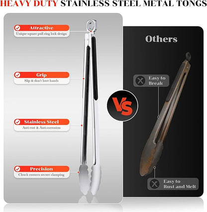 Grilling Tongs - 17 Inch Extra Long Metal Tongs, Heat Resistant Stainless Steel Grill Tongs, Heavy Duty BBQ Tongs for Cooking, Grilling, BBQ/Barbecue, Food (17 inch)