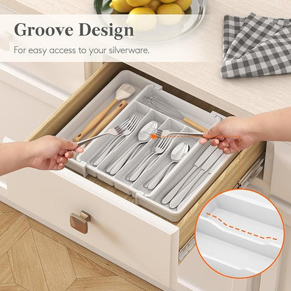 Lifewit Silverware Drawer Organizer, Expandable Utensil Tray for Kitchen, BPA Free Flatware and Cutlery Holder, Adjustable Plastic Storage for Spoons Forks Knives, 8.5-14 x 12", White - Image 7