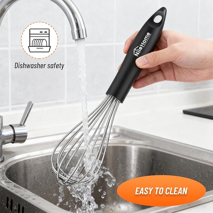 NileHome Silicone Whisk Set 8" 10" Kitchen Whisk Kitchen Wisk Wire Whisks for Cooking, Whisking, Blending, Beating, Stirring-Black Silver - Image 5