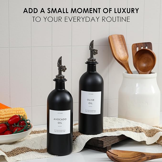 HOMCDALY Olive Oil Dispenser for Kitchen, 16oz Glass Oil Bottles with Bamboo Tray, Black Oil&Vinegar Cruet Set, Kitchen Dispenser Bottles with Pourer | Set of 2 (16oz – Black) - Image 3
