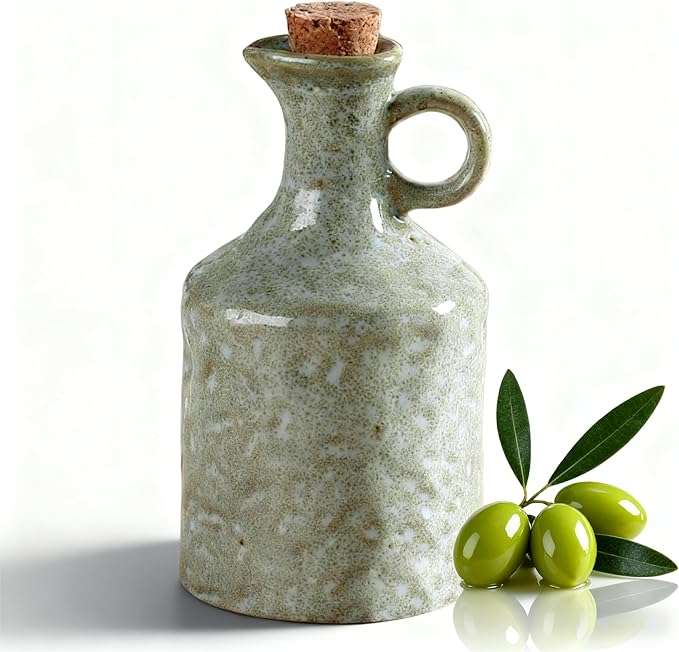 Ceramic Olive Oil Dispenser with Cork Stopper, Reactive Glaze Texture Oil Bottle, Leak - Proof Small Spout for Kitchen, Great for Storing Vinegar, Wine, Soy Sauce, Lemon Juice (GREEN) by Unknown
