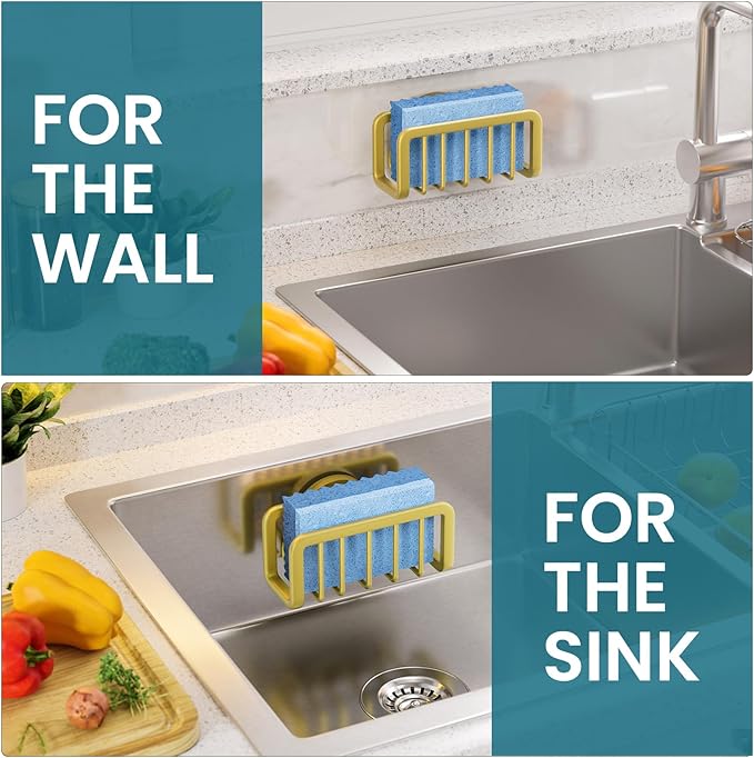 TAILI Sponge Holder for Kitchen Sink with Strong Suction Cup, Rustproof Aluminum Sink Caddy for Sponges, Removable Sponge Holder, Dish Brush for Scraper - Gold - Image 6