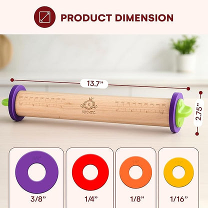 Kitchtic Rolling Pin with Thickness Rings - Adjustable Wooden Rolling Pin - Baking Essential and Roller Tool - Consistent Thickness - Easy to Clean - Beechwood Material - 13.7 x 2.75 x 2.75 inches - Image 2