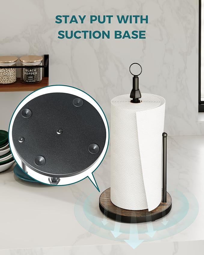 OROPY One-Hand Tear Paper Towel Holder Countertop, Farmhouse Wood Paper Towel Roll Holder with Ratchet Mechanism and Suction Cups fits Standard and Jumbo Size Paper Towels - Image 4