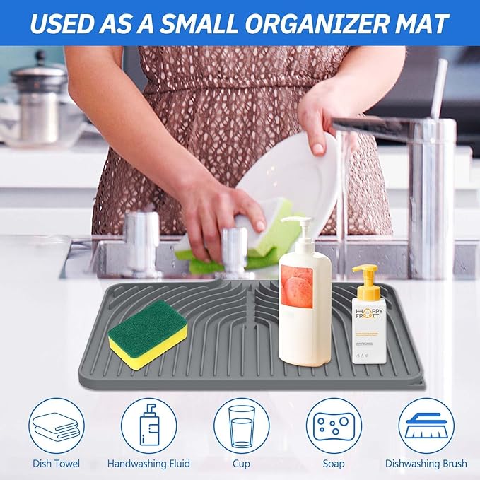 Dish Drying Mat for Kitchen Counter, with Built-in Drain Lip, Food-Grade Silicone, Easy Clean Pad for Countertop Protection, Multi-Functional Use (14.7x10.2, Grey) - Image 6