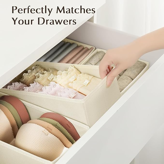 DIMJ Drawer Organizers Clothes, Set of 6 Dresser Organizer Bins, Fabric Closet Organizers and Storage, Shallow Drawer Dividers for Nursery, Clothing, Baby Clothes, Socks, Underwears, Tie (Beige) - Image 5