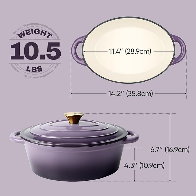 Vintage Style Oval Dutch Oven for Bread Baking, 4.5 Quart Non Stick Enameled Cast Iron Dutch Oven Pot with Lid, Oven Safe Oval Casserole with Lid up to 500°F for Baking, Braising, Stews, Roasting, Purple - Image 4