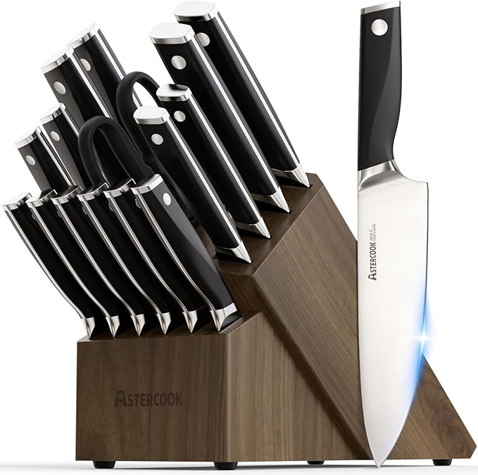 Astercook Knife Set, Kitchen Knives Set with Block and Sharpener Full Tang 17 Pcs German Stainless Steel Knives Sharp Blade Dishwasher Safe Premium Knife Set, Black Mothers Day Gifts for Women by Astercook