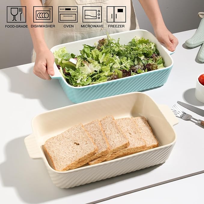 Sweejar Ceramic 13 x 9 Baking Pan, Cake Baking Dish for Brownie, Porcelain Striped Casserole Dishes for Oven with Handle for Lasagna, Family Dinner(Turquoise) - Image 2