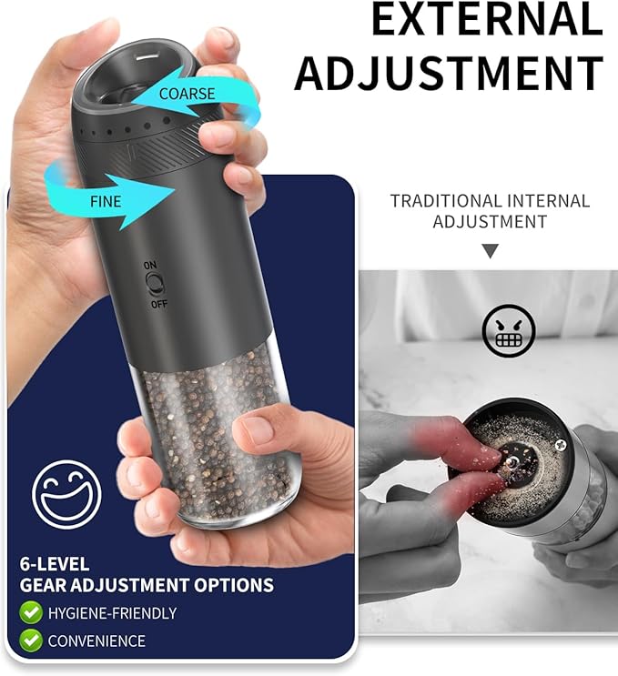 CIRCLE JOY Rechargeable Salt and Pepper Grinder Set, Gravity Sensor Electric Salt and Pepper Grinder Set with External Adjustment, 176ml Capacity and One-handed Operation, Black - Image 2