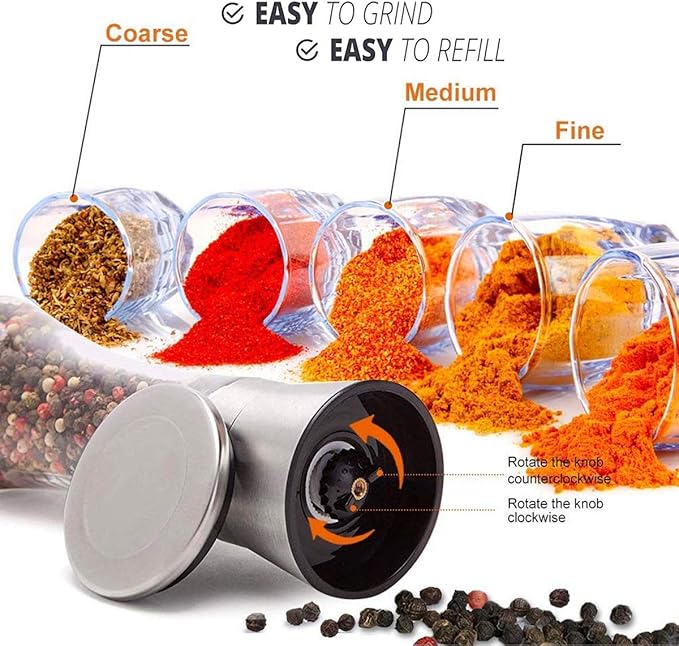 Pepper Grinder or Salt Grinder, Best Spice Mill with Ceramic Blades, Adjustable Coarseness, Brushed Stainless Steel Cap, and Refillable Tall Glass Body with 6OZ Capacity (7.5") - Image 5