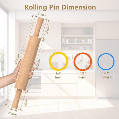 Classic Wooden Rolling Pin with Handle for Fondant, Pizza, Pies, Cookies, Pastries, Rolling Pin for Baking with 3 Multi-Color Thickness Rings, 17"x2.5" (Include handle) Beechwood Rolling Pin - Image 5