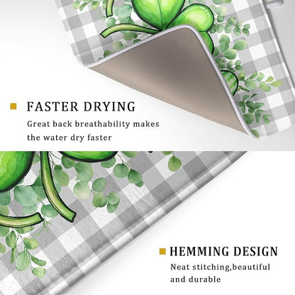 St Patricks Day Dish Drying Mat for Kitchen Counter Shamrocks Eucalyptus Leaf Holiday Microfiber Absorbent Dish Draining Reusable Washable Foldable Extra Large 18"x24" - Image 3