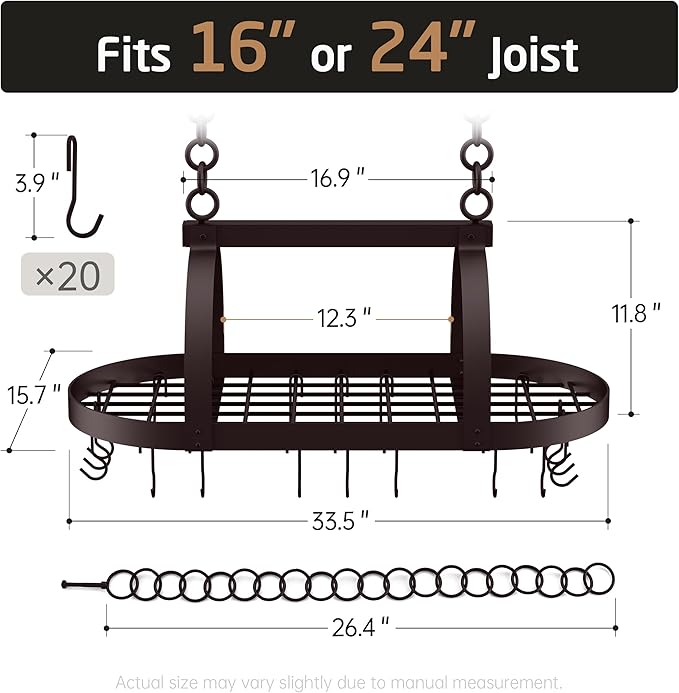 KES 34 Inch Oiled Bronze Hanging Pot Rack, Heavy Duty Oval Pot and Pan Hanging Rack Ceiling Mount, Pot Pan Hangers for Kitchen with 20 Hooks, (For 16" and 24" Joist Mount), KUR221S85-OB - Image 7