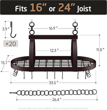 KES 34 Inch Oiled Bronze Hanging Pot Rack, Heavy Duty Oval Pot and Pan Hanging Rack Ceiling Mount, Pot Pan Hangers for Kitchen with 20 Hooks, (For 16" and 24" Joist Mount), KUR221S85-OB - Image 7