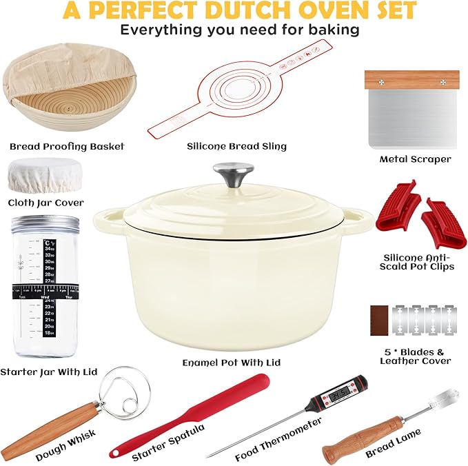 Enameled Cast Iron Dutch Oven Pot with Lid, Incl. Sourdough Bread Baking Supplies Like Banneton Bread Proofing Basket, Starter Jar, Bread Lame, 5QT Dutch Oven for Bread Baking, Oven Safe up to 500°F - Image 2