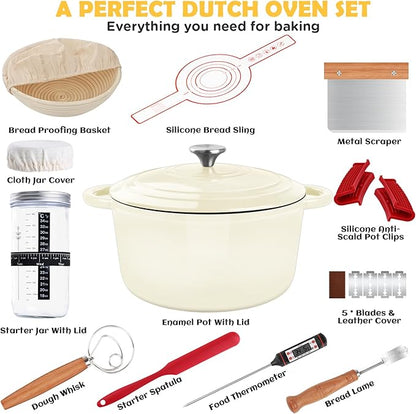 Enameled Cast Iron Dutch Oven Pot with Lid, Incl. Sourdough Bread Baking Supplies Like Banneton Bread Proofing Basket, Starter Jar, Bread Lame, 5QT Dutch Oven for Bread Baking, Oven Safe up to 500°F - Image 2