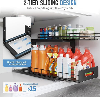 Under Sink Organizer Upgrade To Professional Rails,2-Tier Dual Pull Out Cabinet Storage,Height Adjustable Slide Out Drawers For Bathroom Kitchen,2 Pack-21"Dx12.8"-16.9"H,Black - Image 5