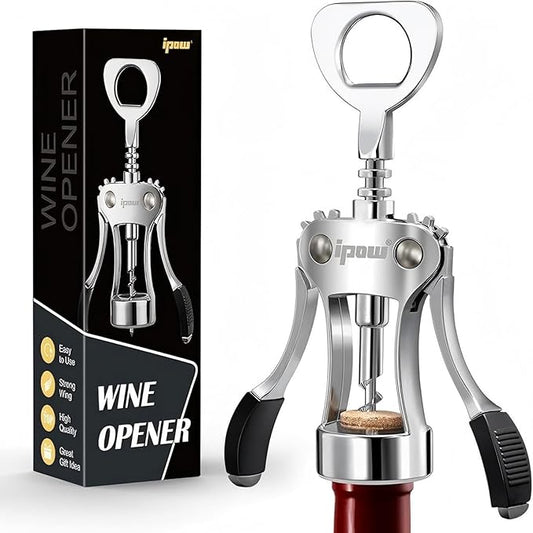 IPOW Wine Opener, Zinc Alloy Wine Bottle Opener, Wing Corkscrew Heavy Duty, Manual Multifunctional Cork Screw for Waiter, Silver by IPOW
