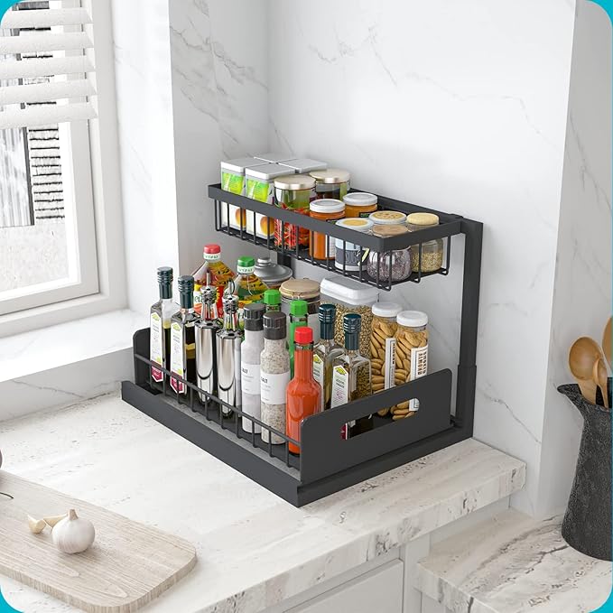 REALINN Under Sink Organizer, L-Shaped 2 Tier Pull Out Cabinet Organizer for Kitchen and Bathroom, Slide Out Under Cabinet Storage, Metal Under Sink Storage with Sliding Drawer, 50 lbs, Black 2 Pack - Image 7