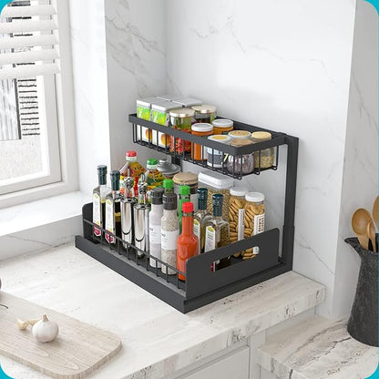 REALINN Under Sink Organizer, L-Shaped 2 Tier Pull Out Cabinet Organizer for Kitchen and Bathroom, Slide Out Under Cabinet Storage, Metal Under Sink Storage with Sliding Drawer, 50 lbs, Black 2 Pack - Image 7