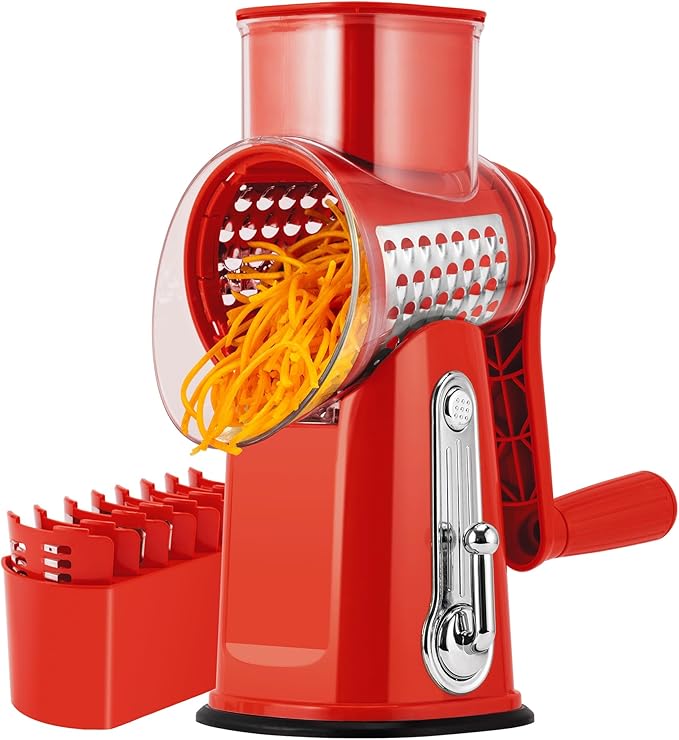 SUSTEAS Rotary Cheese Grater with Handle - Vegetable Shredder with 5 Well-designed Blades & Strong Suction Base,Round Mandoline Slicer & Food Chopper for Kitchen,with Blade Storage Box(Red) by SUSTEAS