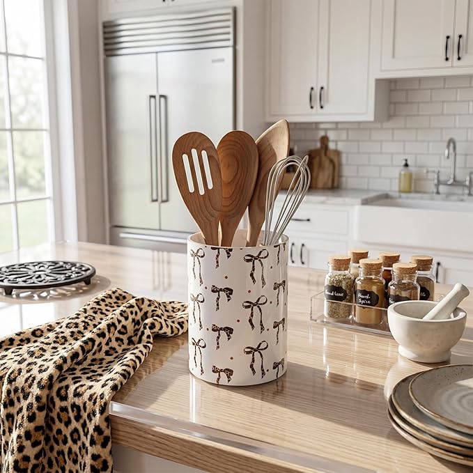 WILLBOND Leopard Print Bow Kitchen Decor Acrylic Kitchen Utensil Holder Crock Spoon Organizer for Countertop Table Decor Coffee Spoon Holder Jar for Cooking Tools
