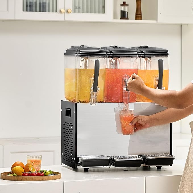 VEVOR Commercial Beverage Dispenser, 3 Tanks 12 L / 12.7 QT Per Tank Juice Dispenser, 370W Stainless Steel Ice Tea Drink Machine with 45°F-54°F Cooling Temperature, for Cold Drink Restaurant Bar Party - Image 8