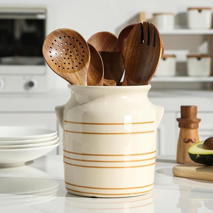 Ceramic Farmhouse Kitchen Utensil Holder for Countertop, Rustic Cooking Utensil Holder Crock Fit for Kitchen Counter. 6*6.8*6.7 IN by Unknown