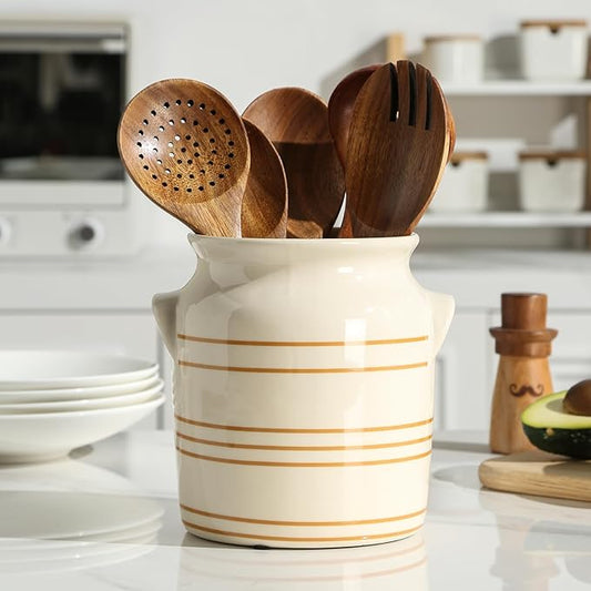 Ceramic Farmhouse Kitchen Utensil Holder for Countertop, Rustic Cooking Utensil Holder Crock Fit for Kitchen Counter. 6*6.8*6.7 IN by Unknown