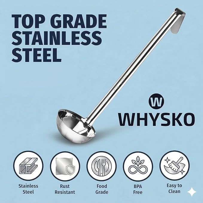Whysko Soup Ladles Stainless Steel, 3-Pack of 4 oz. Metal Ladle Spoons, Rustproof Heat-Resistant Materials for Cooking and Serving Soups and Sauces, Commercial Grade Kitchen Essentials