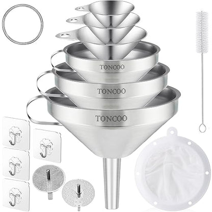 Toncoo 6 Pack Stainless Steel Funnels for Kitchen Use, Food Grade Cooking Funnel with 3 Strainer, Kitchen Funnel Set Metal Funnels for Filling Bottles