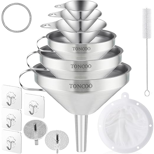 Toncoo 6 Pack Stainless Steel Funnels for Kitchen Use, Food Grade Cooking Funnel with 3 Strainer, Kitchen Funnel Set Metal Funnels for Filling Bottles