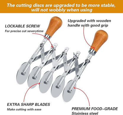 Juome 5 Wheel Pastry Cutter with Wooden Handle, Multi-Round Wheel Pasta Dough Cutter Roller Pizza Slicer Accordion Pastry Knife Divider Tool - Image 2