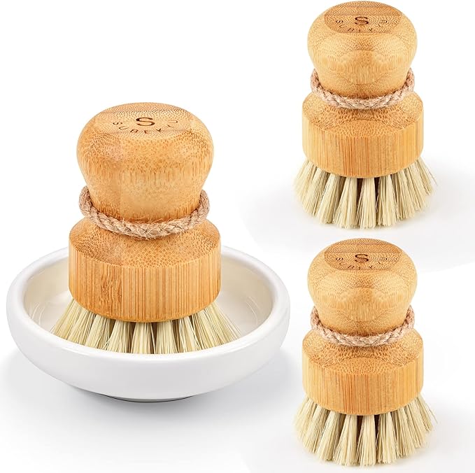 Bamboo Dish Scrub Brushes,Kitchen Wooden Cleaning Scrubbers Set for Washing Cast Iron Pan/Pot, Natural Sisal Bristles, Set of 3 by SUBEKYU