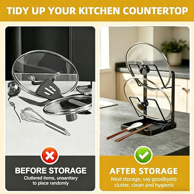Pot Lids Organizer Rack for Cabinet and Countertop,304 Stainless Steel Kitchen Pot Lid Storage Rack,Pot Lid Holder while Cooking with Removable Tray & Spoon Rest,Waterproof & Rustproof