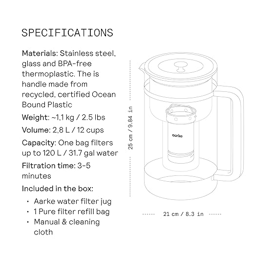 Aarke Purifier - Premium Glass and Stainless Steel Water Filter Pitcher, Refillable Filter System and Granules, 2.8L Pitcher with 1.66L Filtration Capacity - Image 8