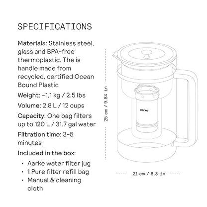 Aarke Purifier - Premium Glass and Stainless Steel Water Filter Pitcher, Refillable Filter System and Granules, 2.8L Pitcher with 1.66L Filtration Capacity - Image 8