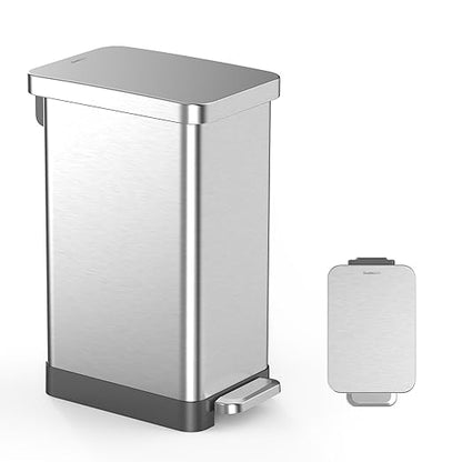 QUALIAZERO 50L / 13 Gallon Stainless Steel Step-On Kitchen Trash Can Soft-Close Lid, Fingerprint-Resistant, Removable Liner, Slim Shape Modern Design for Home, Office, Commercial Space by QUALIAZERO