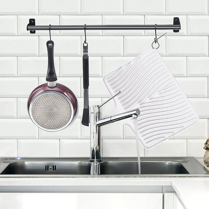 TIKNIK Silicone Dish Drying Mat, Stone Drying Mat for Kitchen Counter with Built-In Drain, Non-Slip Drain Pad with Built-in Drain, Heat Resistant Stone Drying Mat, Hangable, White-2pcs, 16" x 12" - Image 3