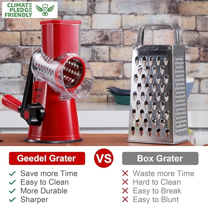 Geedel Rotary Cheese Grater, Kitchen Mandoline Vegetable Slicer with 2 Interchangeable Blades, Easy to Clean Rotary Grater Slicer for Fruit, Vegetables, Nuts - Image 2