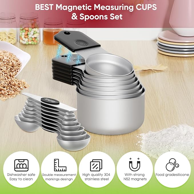Magnetic Measuring Cups & Spoons Set|304 Stainless Steel Dual Scale Set of 15, Strong N52 Magnetic Nesting Design with Leveler, for Dry&Liquid Ingredients, Dishwasher Safe(Black) - Image 2