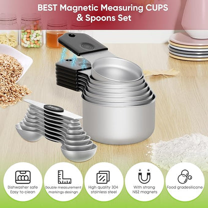 Magnetic Measuring Cups & Spoons Set|304 Stainless Steel Dual Scale Set of 15, Strong N52 Magnetic Nesting Design with Leveler, for Dry&Liquid Ingredients, Dishwasher Safe(Black) - Image 2