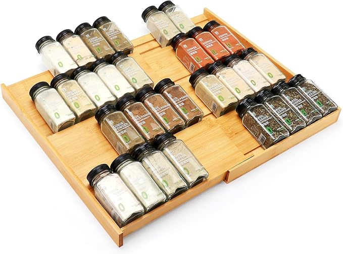 Bamboo Spice Drawer Organizer, (Need 3.1” Deep Drawer) Expandable 4 Tier Spice Rack for Cabinet (From 12" to 23" Wide), Seasoning Storage Insert, Spice Organizer for Drawer,Jars Not Included by Thalomely
